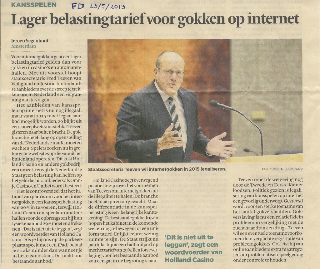 Lager belastingtarief voor gokken op internet (FD 23-5-2013)